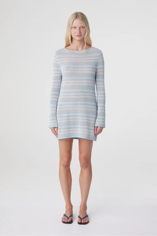 Nia Long Sleeve Mini Dress - Dusk Blue Cream Stripe